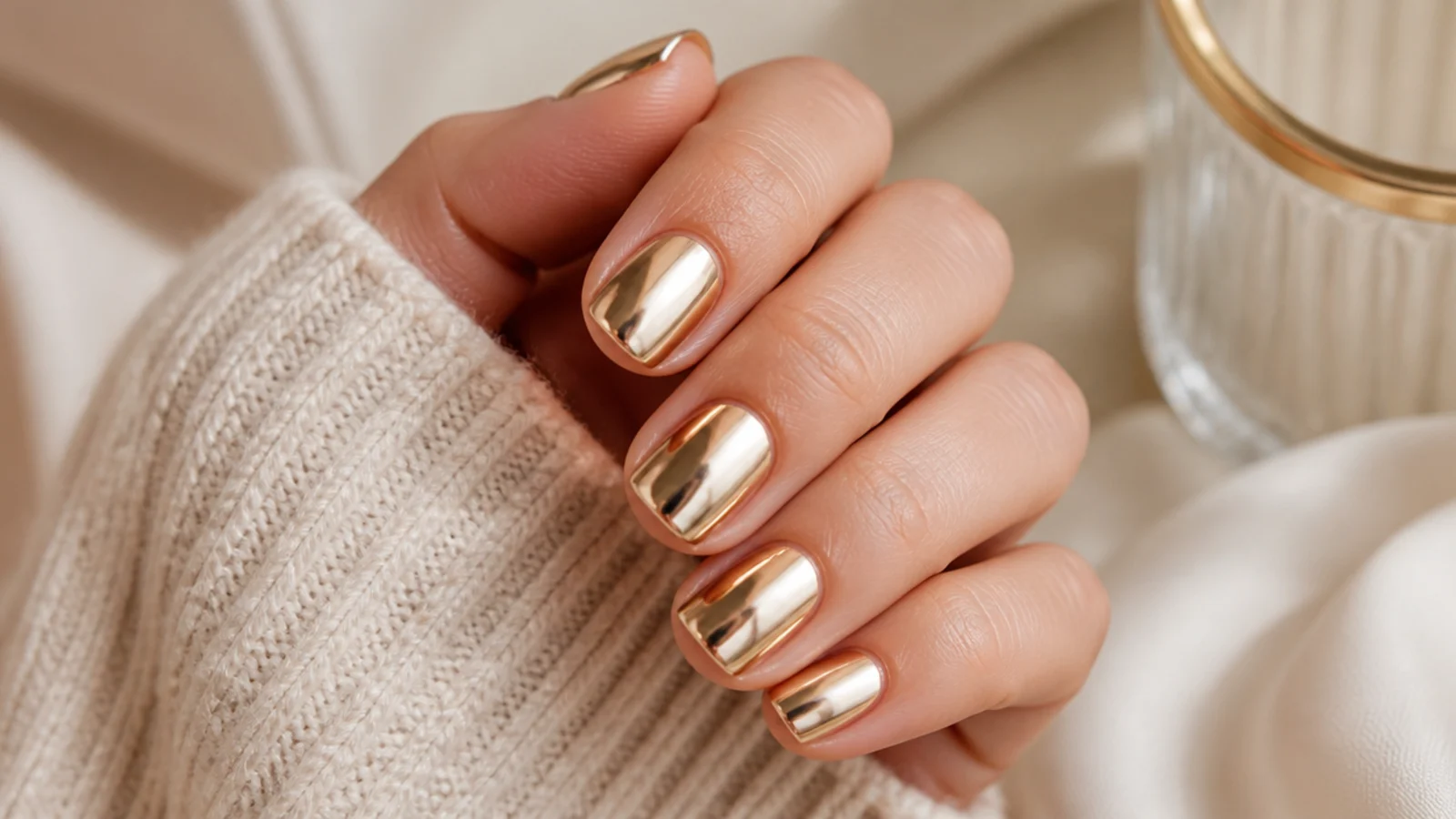 Short squoval nails in warm gold chrome with a metallic mirror shine
