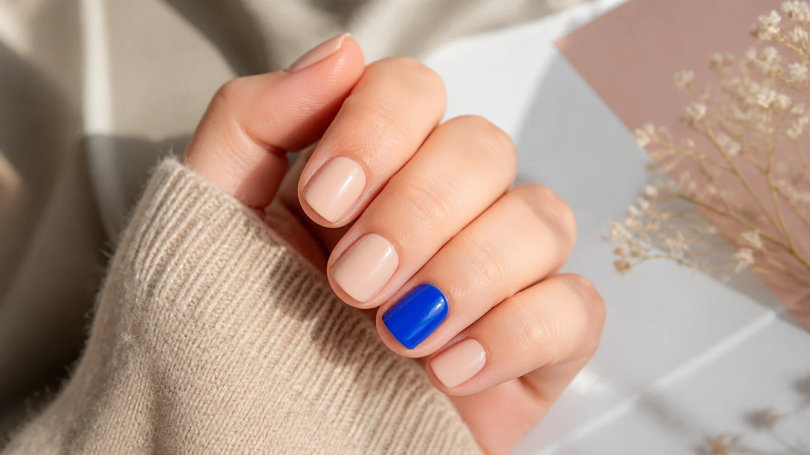 Short nails in soft beige with one bright cobalt blue accent nail on the ring finger