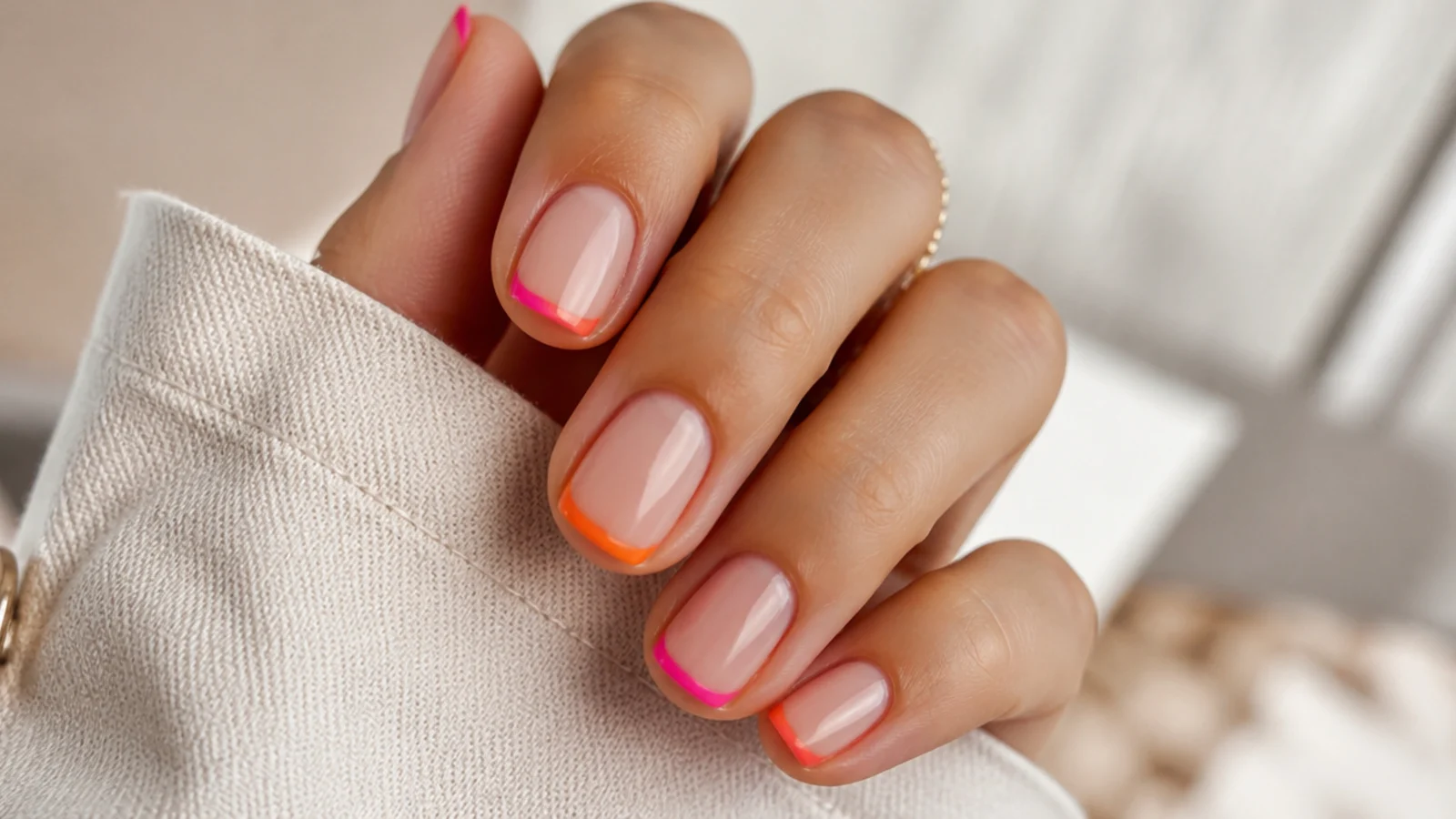 Short square nails with thin neon pink and orange French tips on a bare nude base