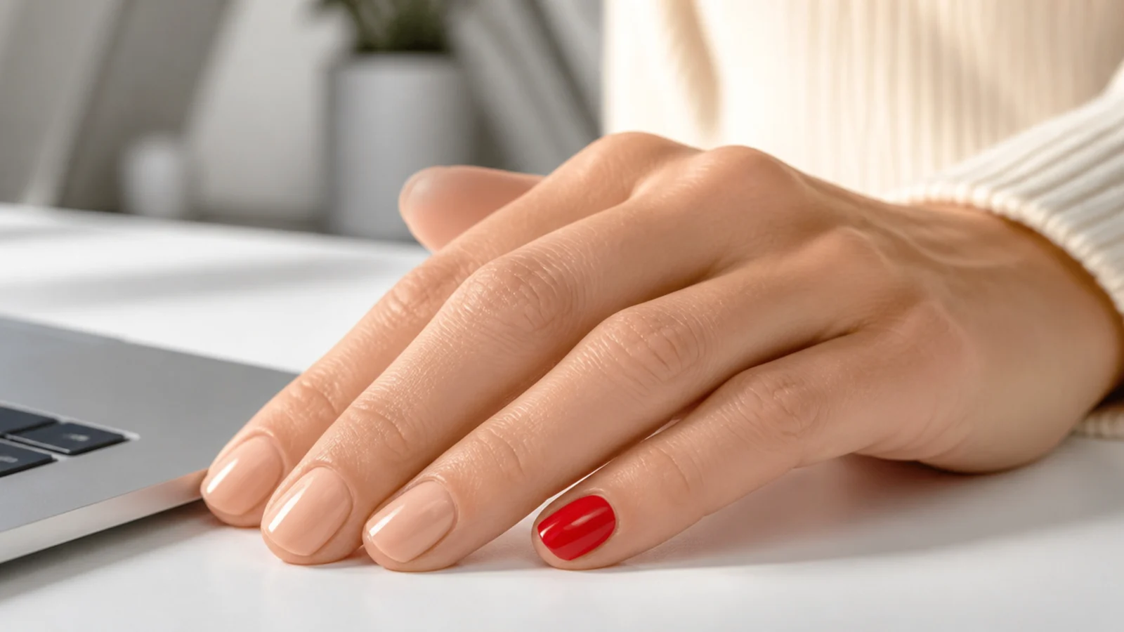 Short nude nails with a single bright red accent nail on the ring finger at a work desk
