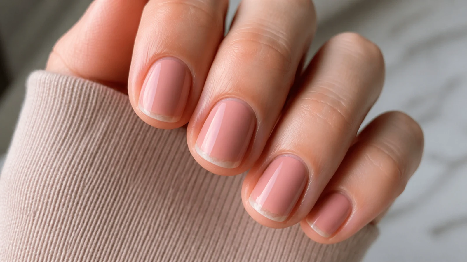 Close-up of a short nail showing polish shrinkage pulled back from the free edge