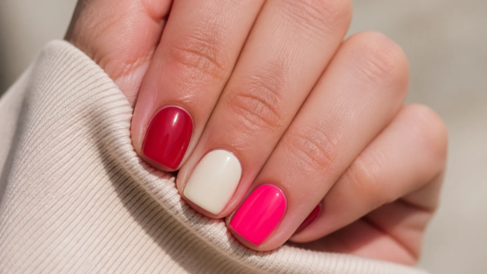 Three short nails side by side in jelly translucent red, opaque cream red and neon pink
