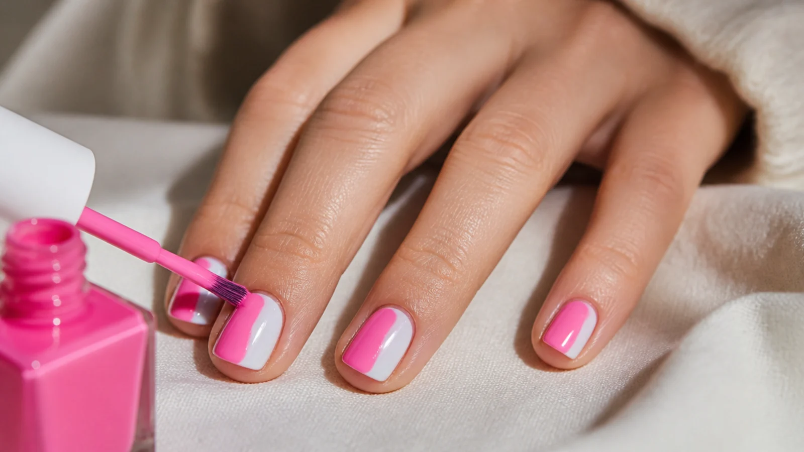 Short nails mid application showing an opaque white base coat under a neon pink top layer