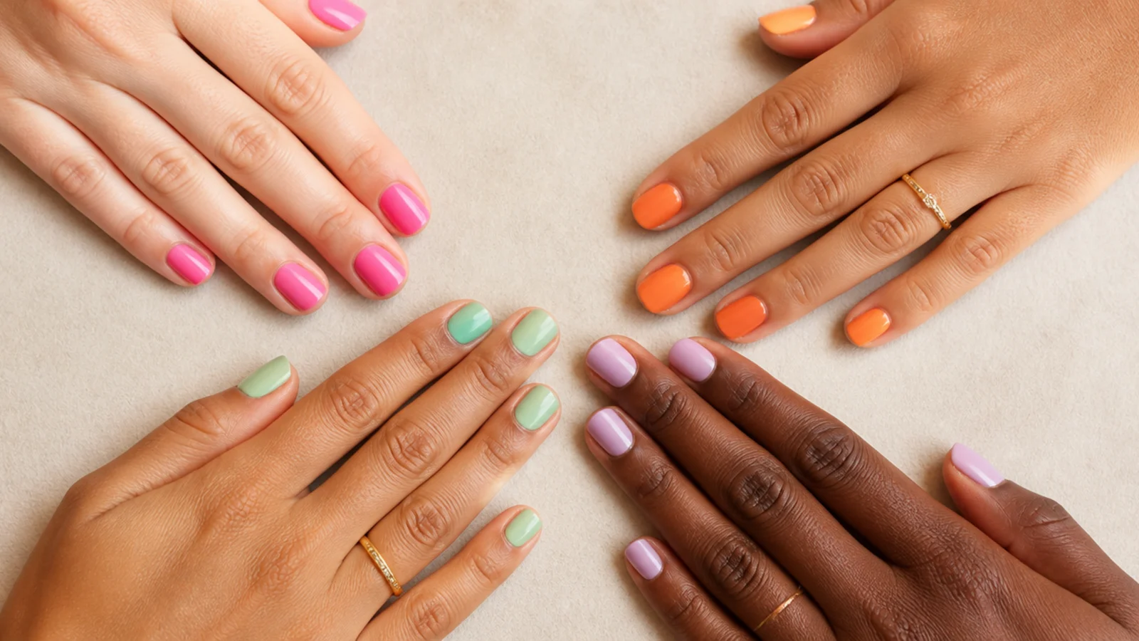 Four hands with different skin tones each wearing a different bright nail color on short nails