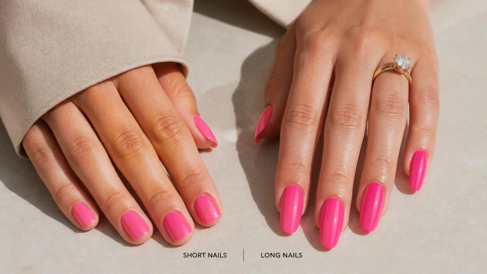 Short bright pink nails compared with long bright pink nails showing color density difference