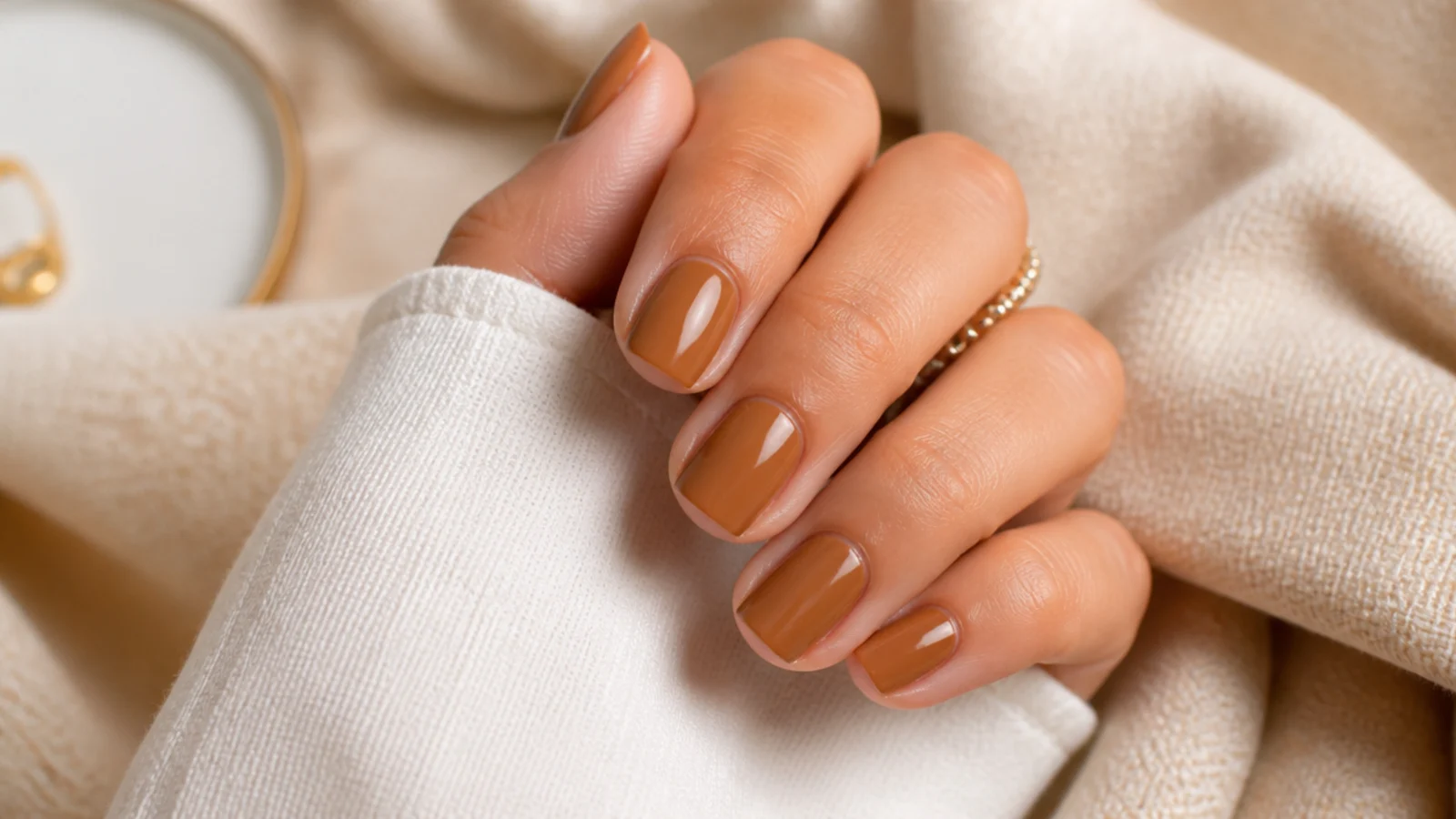 Short soft square nails in golden caramel brown cream polish with a glossy finish
