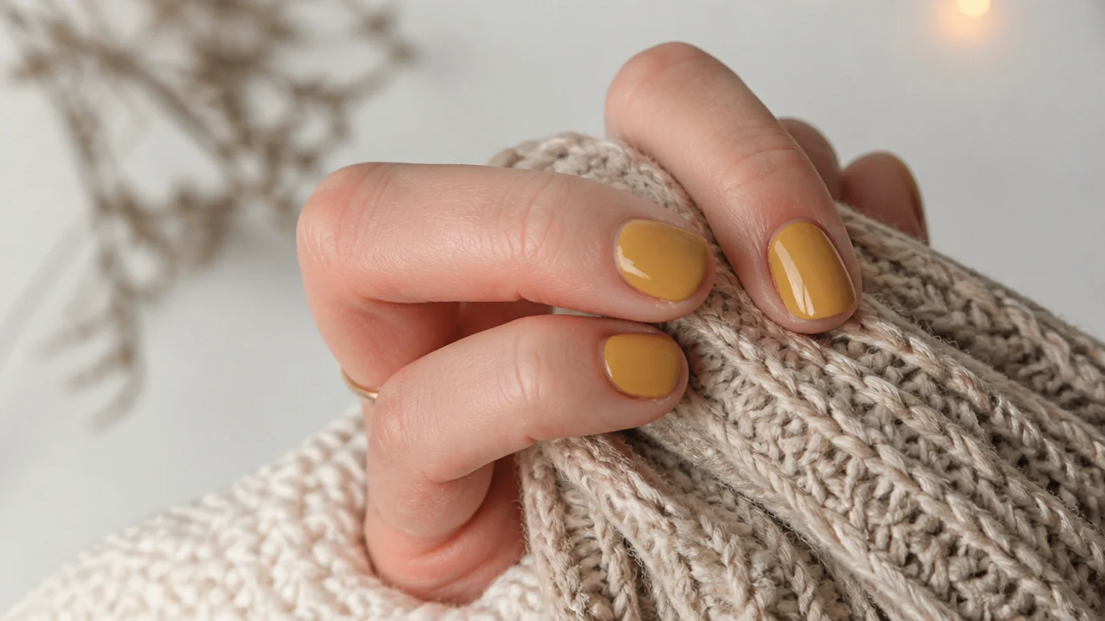 Short nails painted in mustard ochre yellow cream polish on a hand holding a knit scarf