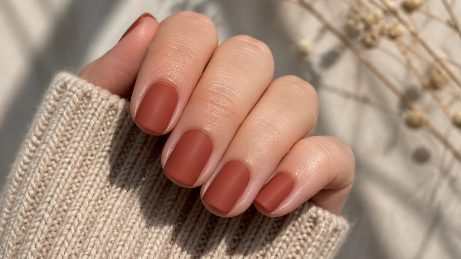 Short squoval nails in matte terracotta clay polish with a flat chalky finish