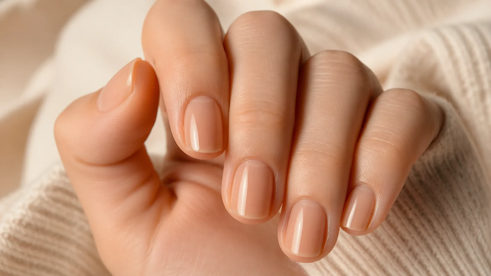 Short nails in a sheer warm pumpkin spice nude showing the natural nail through the tint