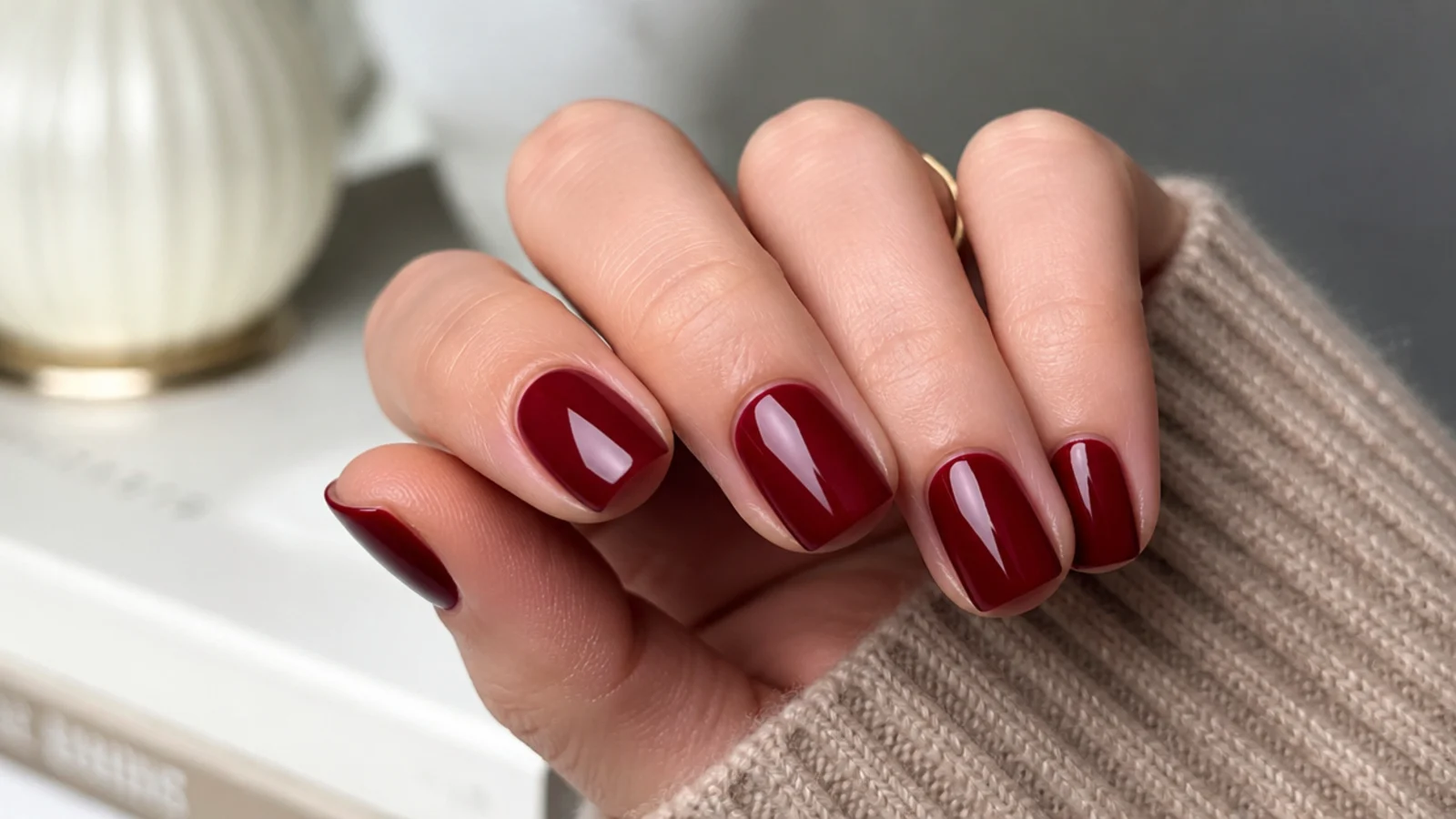 Short squoval nails in deep oxblood red gel with a high gloss mirror finish