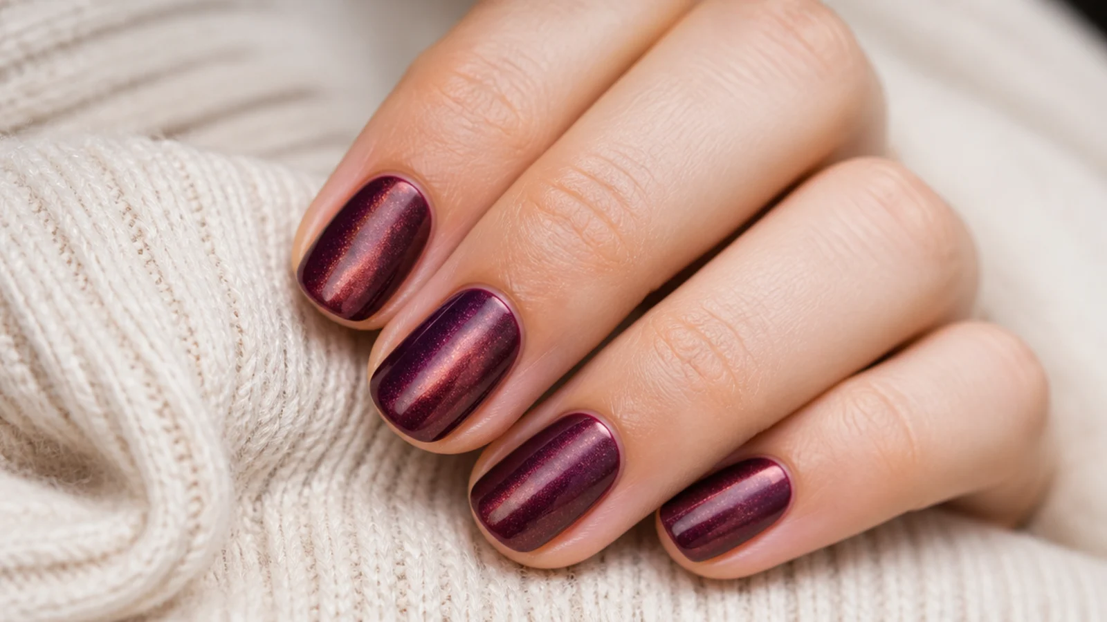 Short nails in plum wine cat eye gel showing a soft velvet light band down the center