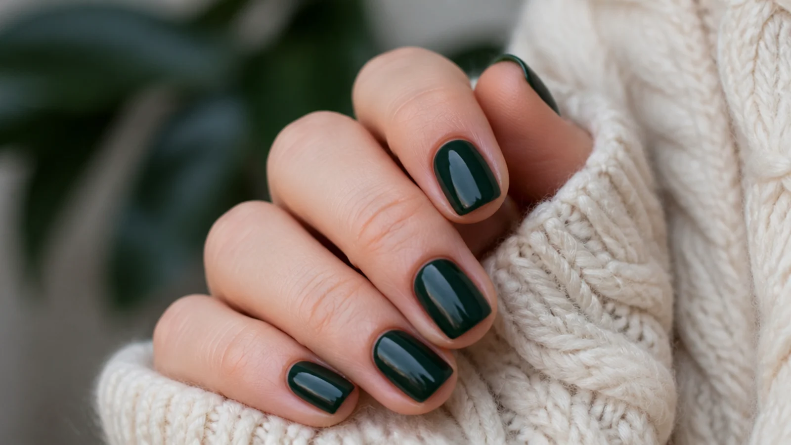 Short squoval nails in glossy forest green gel against a cream cable knit sweater