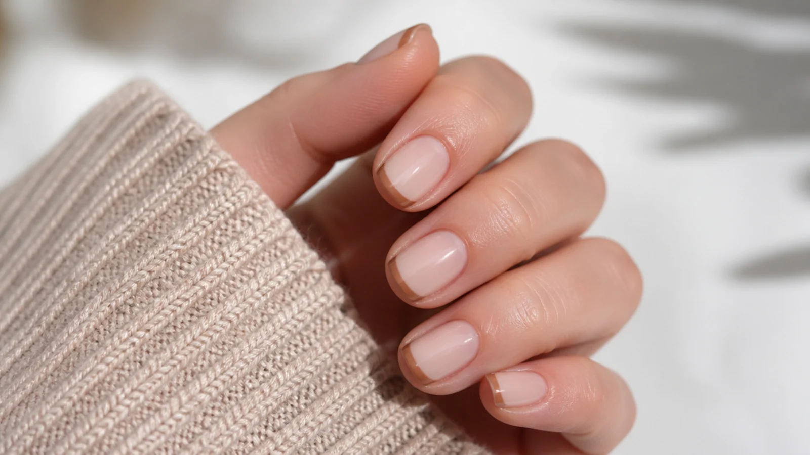 Short nails with a thin cognac brown French tip line over a sheer beige base
