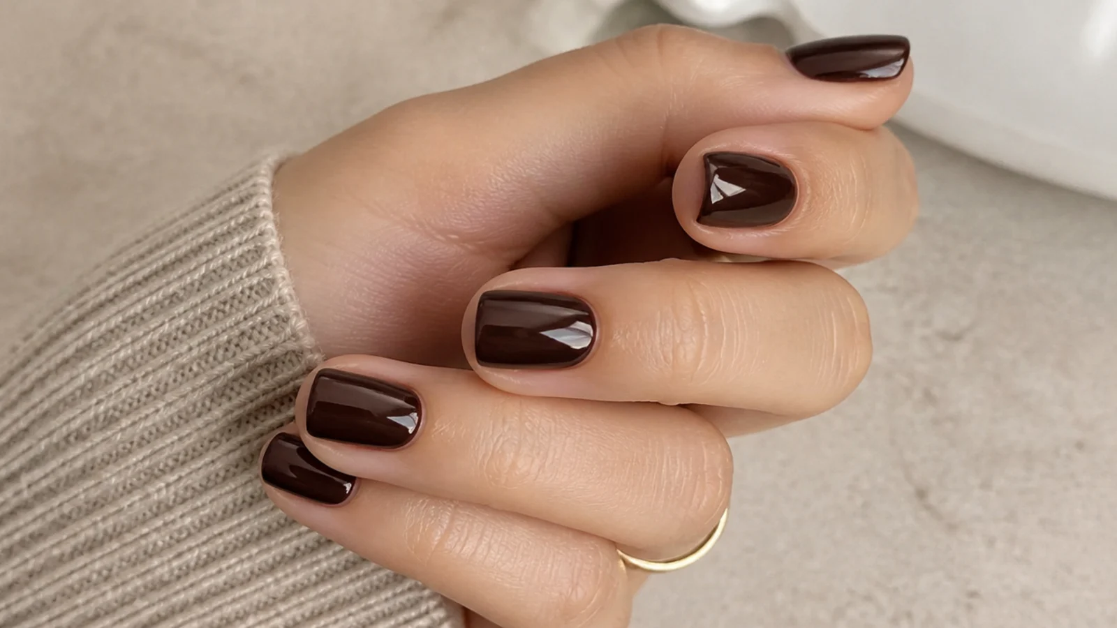 Short soft square nails in dark espresso brown cream gel with a wet gloss finish