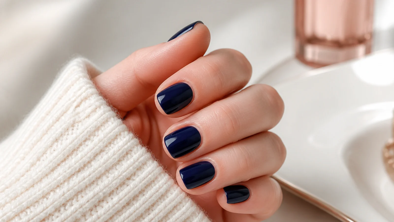 Short squoval nails in midnight navy blue gel with a deep glossy single tone finish