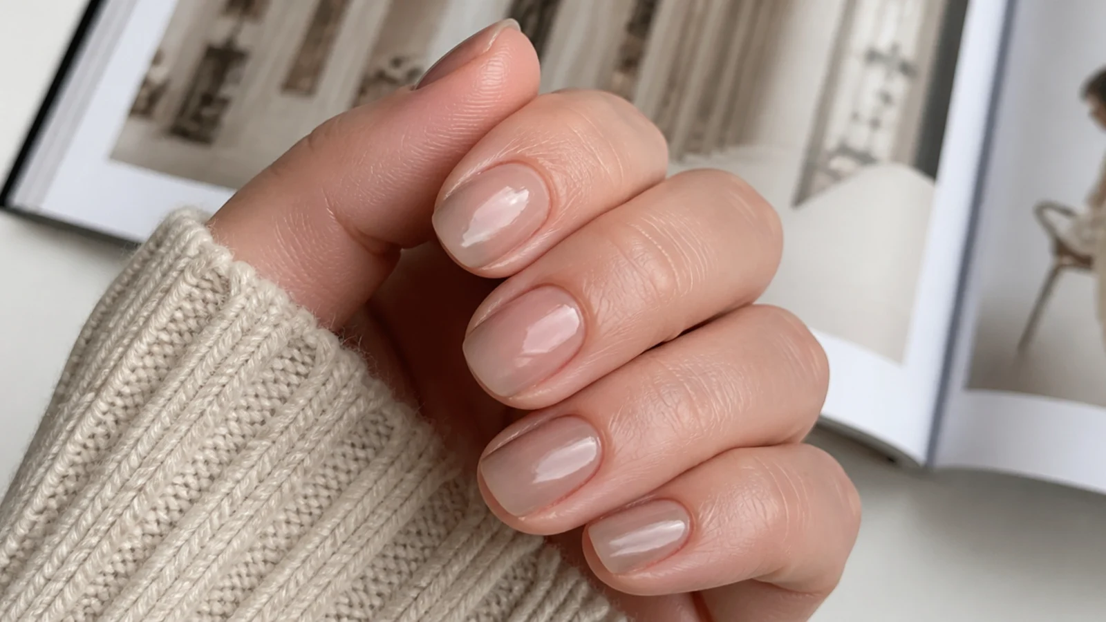 Short nails in a milky sheer mocha beige with a soft translucent glow