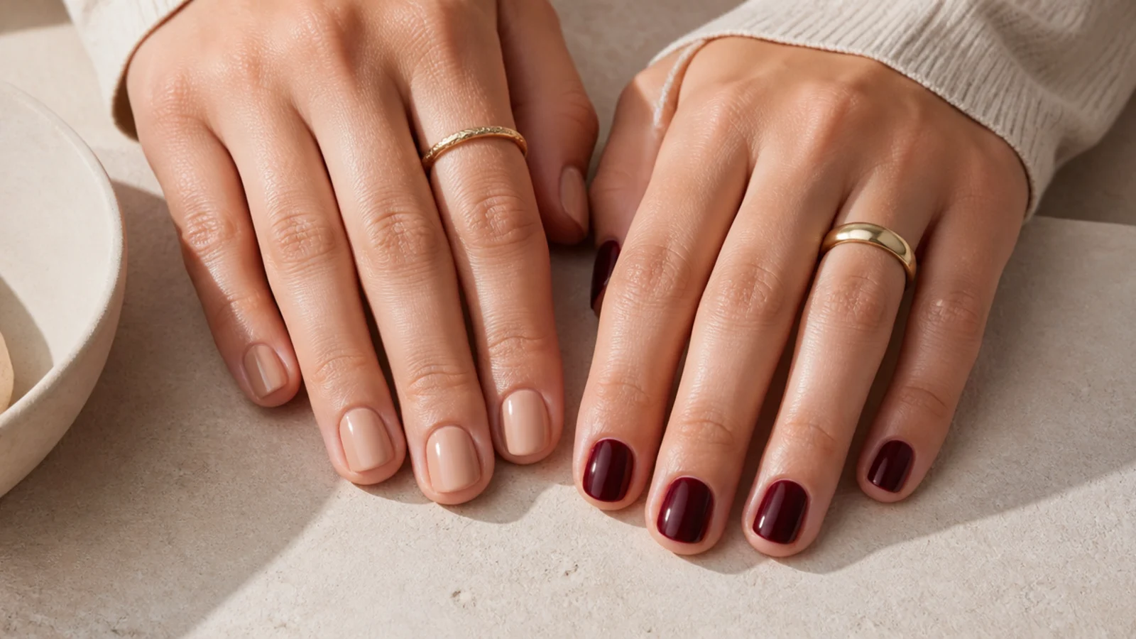 Two hands compared, one with short nails in nude polish and one with short nails in dark oxblood