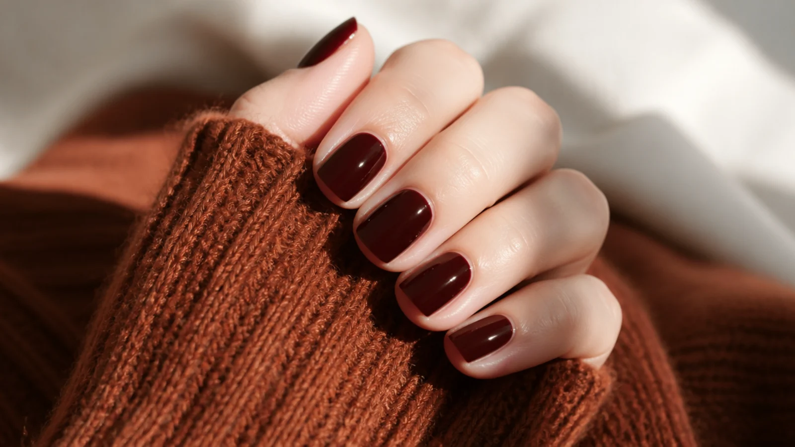 Short squoval nails in deep oxblood gel resting on a rust brown wool sweater sleeve
