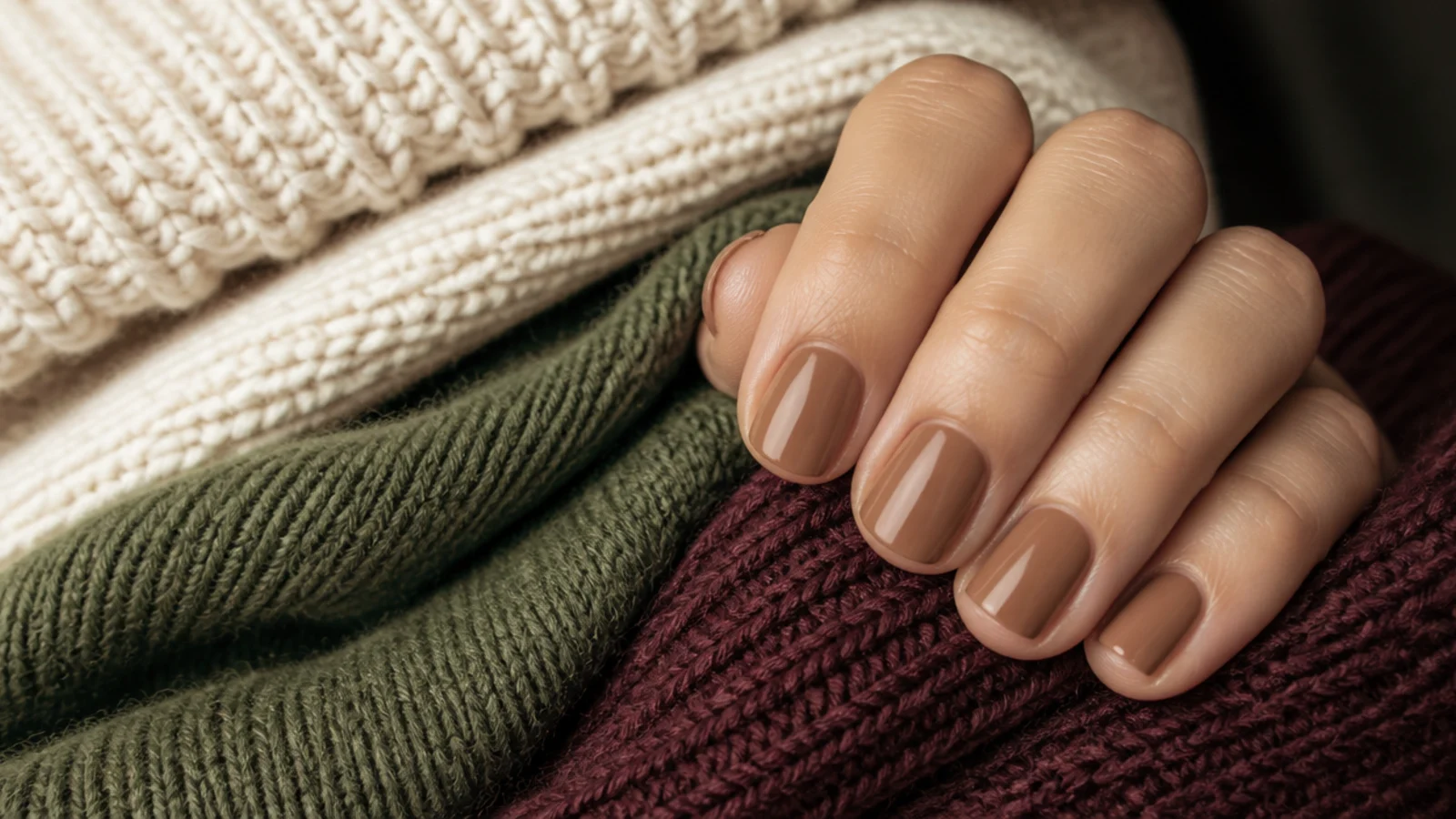 Short nails in caramel polish resting on folded cream, olive and burgundy knit sweaters