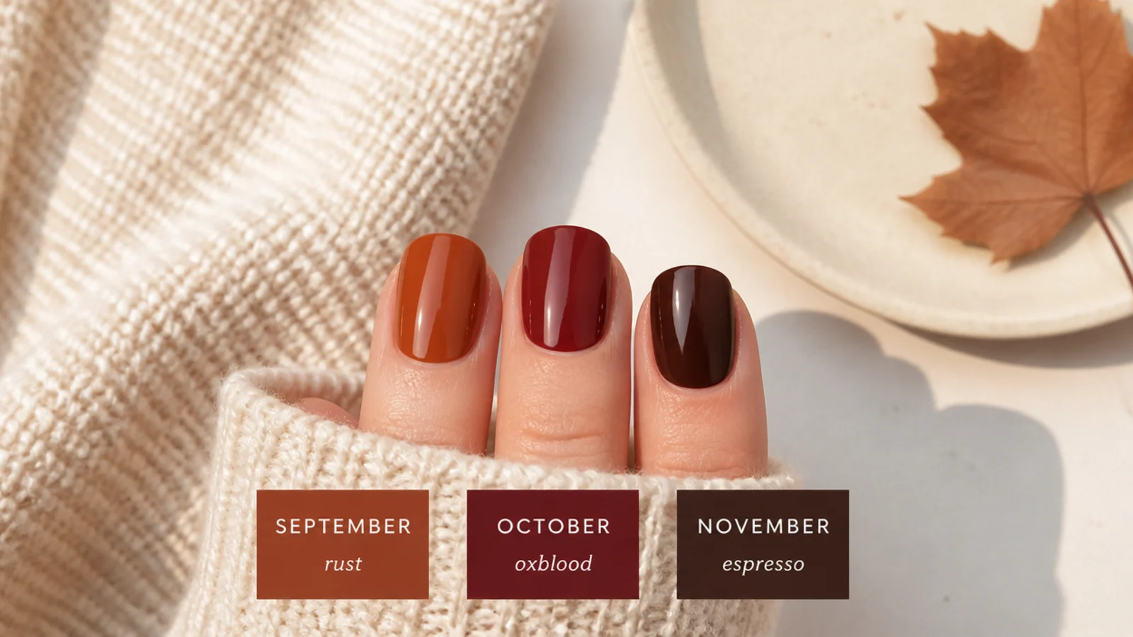Three short nail swatches side by side in rust, oxblood and espresso for September October November
