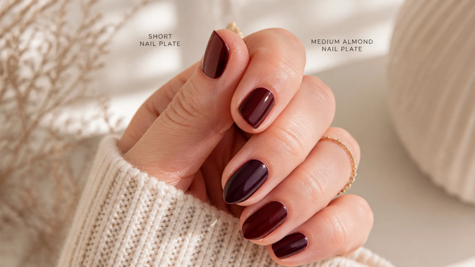 Close-up comparison of a short nail plate and a medium almond nail plate painted in the same dark shade