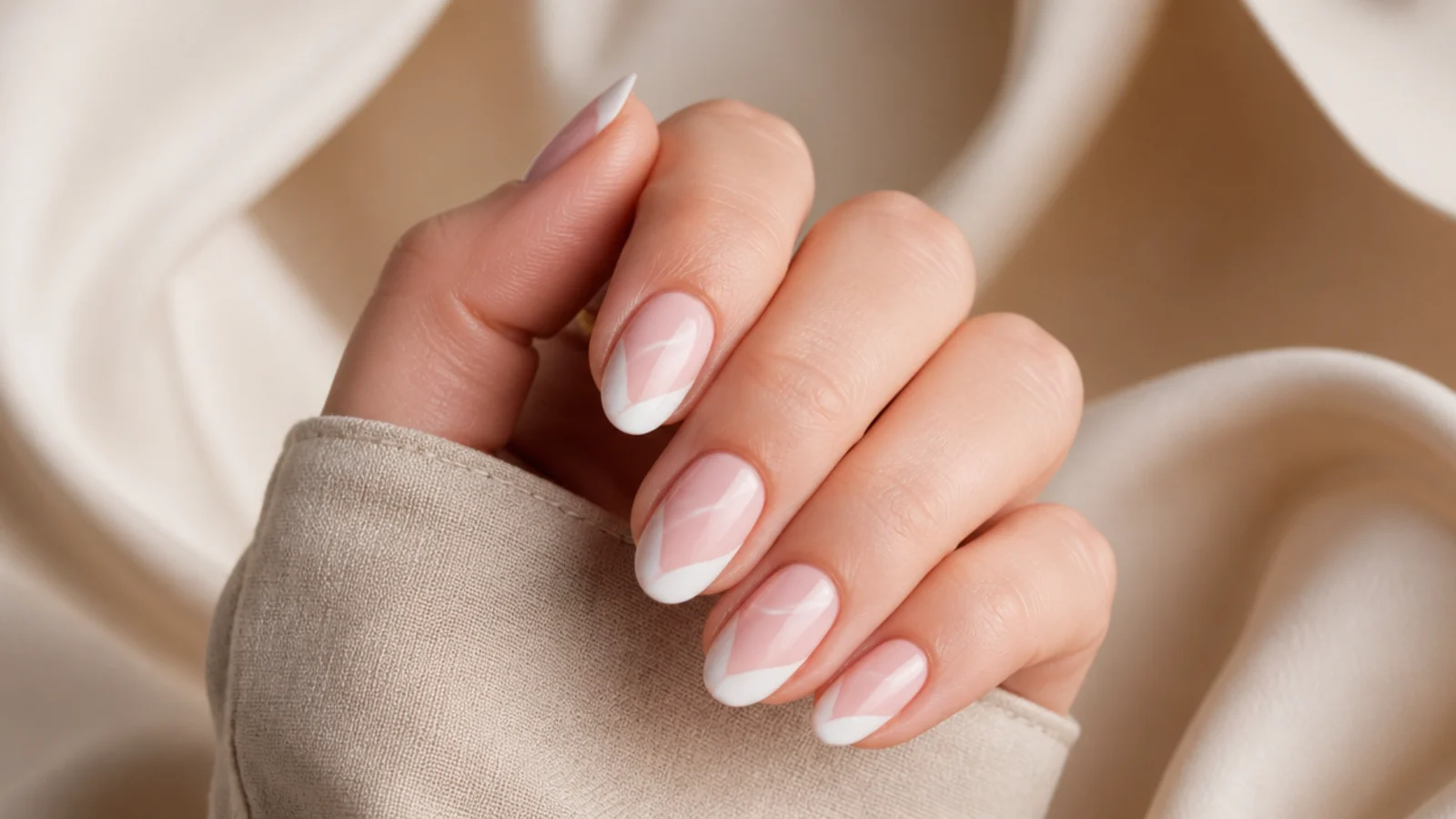 A hand with short almond nails showing the continuous line from finger to tapered nail tip