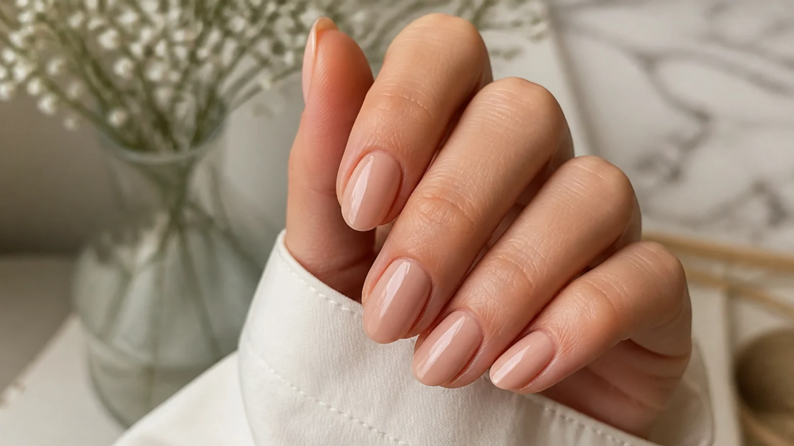 Short almond nails in a skin-matched nude with bare sidewall margins making the fingers look longer