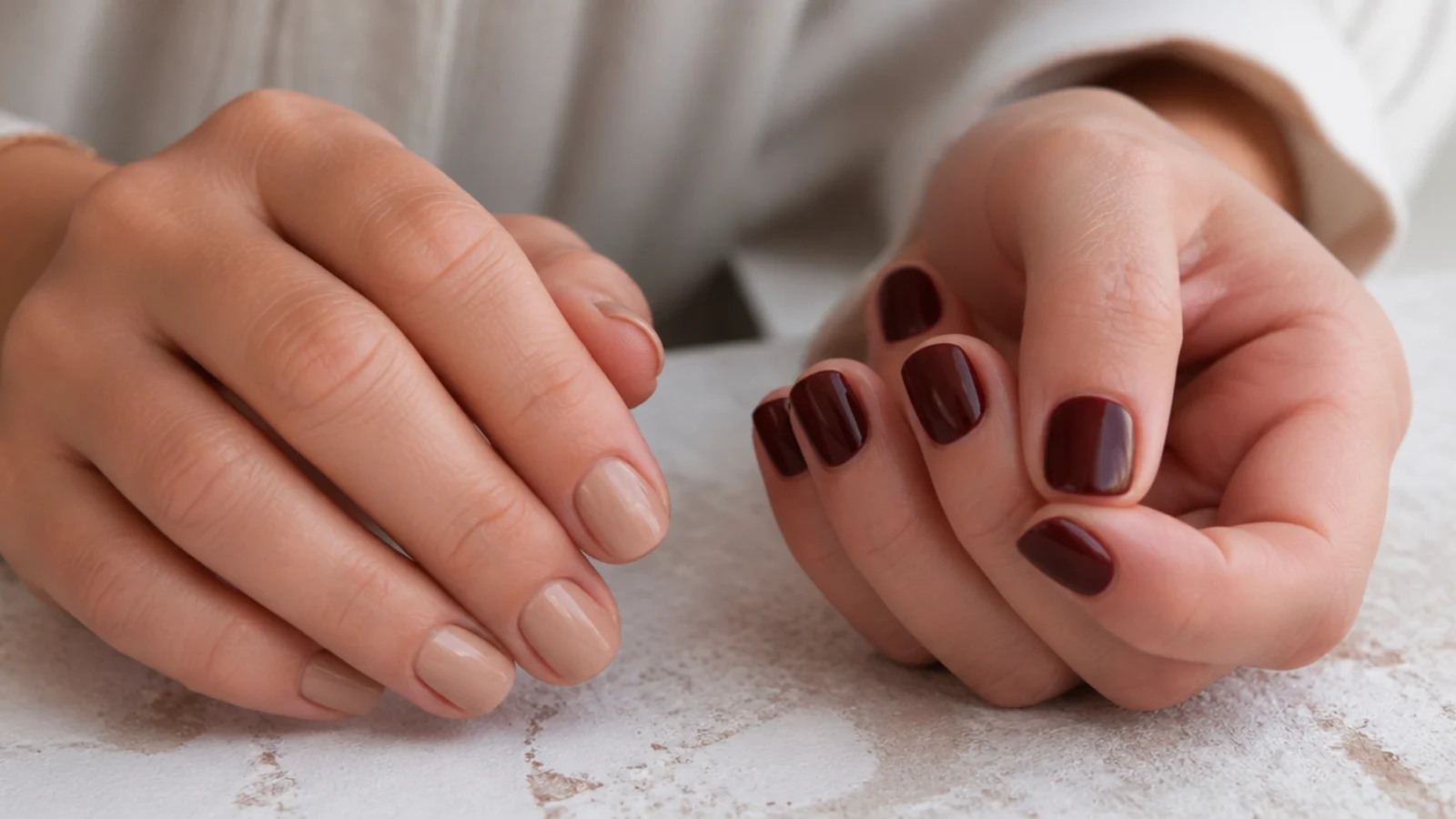One hand in skin-matched nude beside one hand in glossy oxblood on short nails for comparison