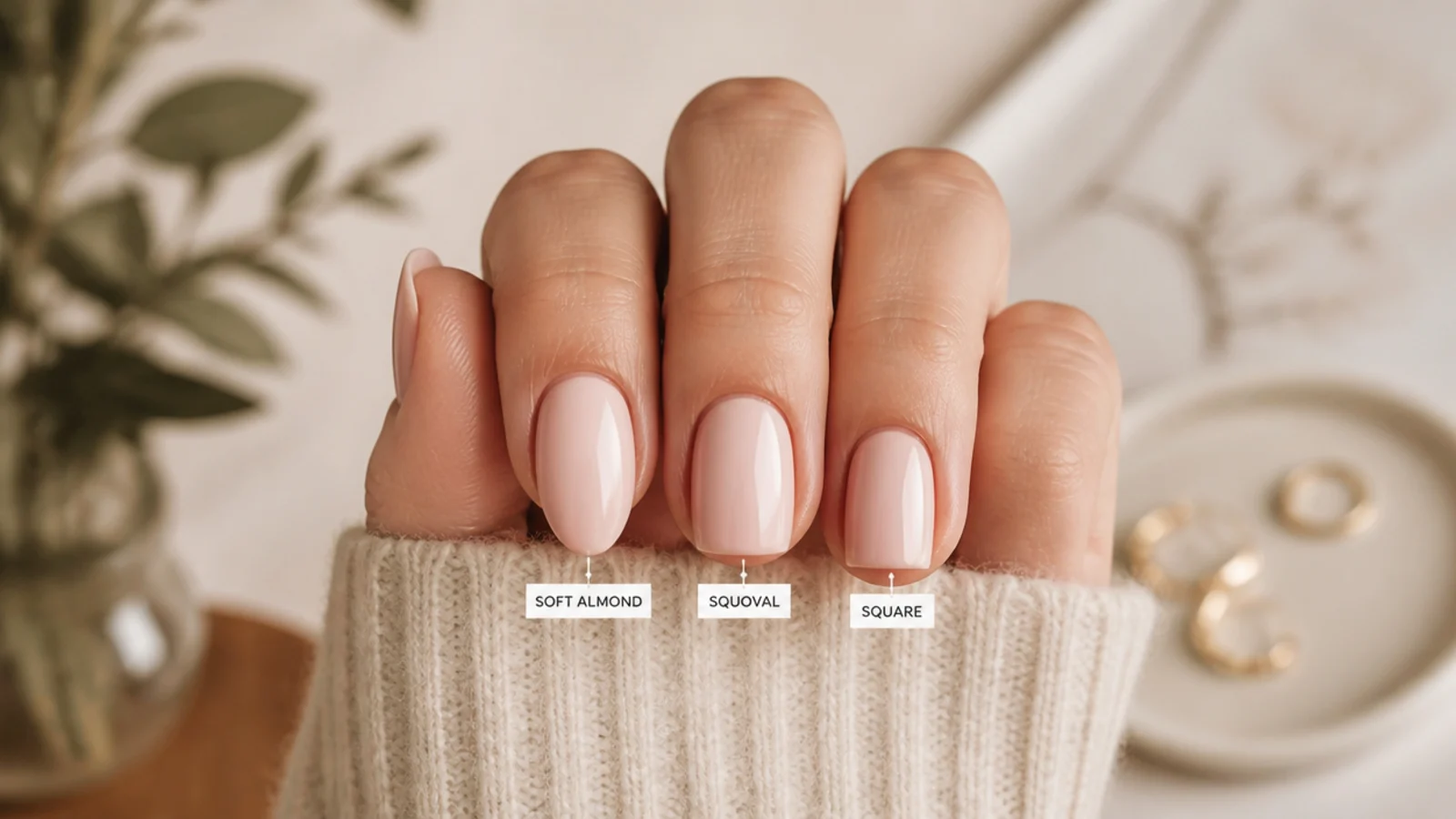 Three short nails filed to soft almond, squoval and square shapes compared for elongating effect