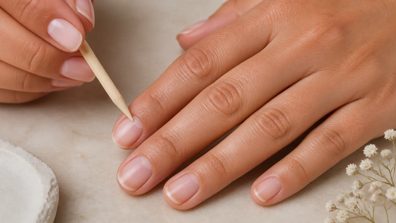 Cuticles being pushed back with a wood stick on bare short nails before an elongating manicure