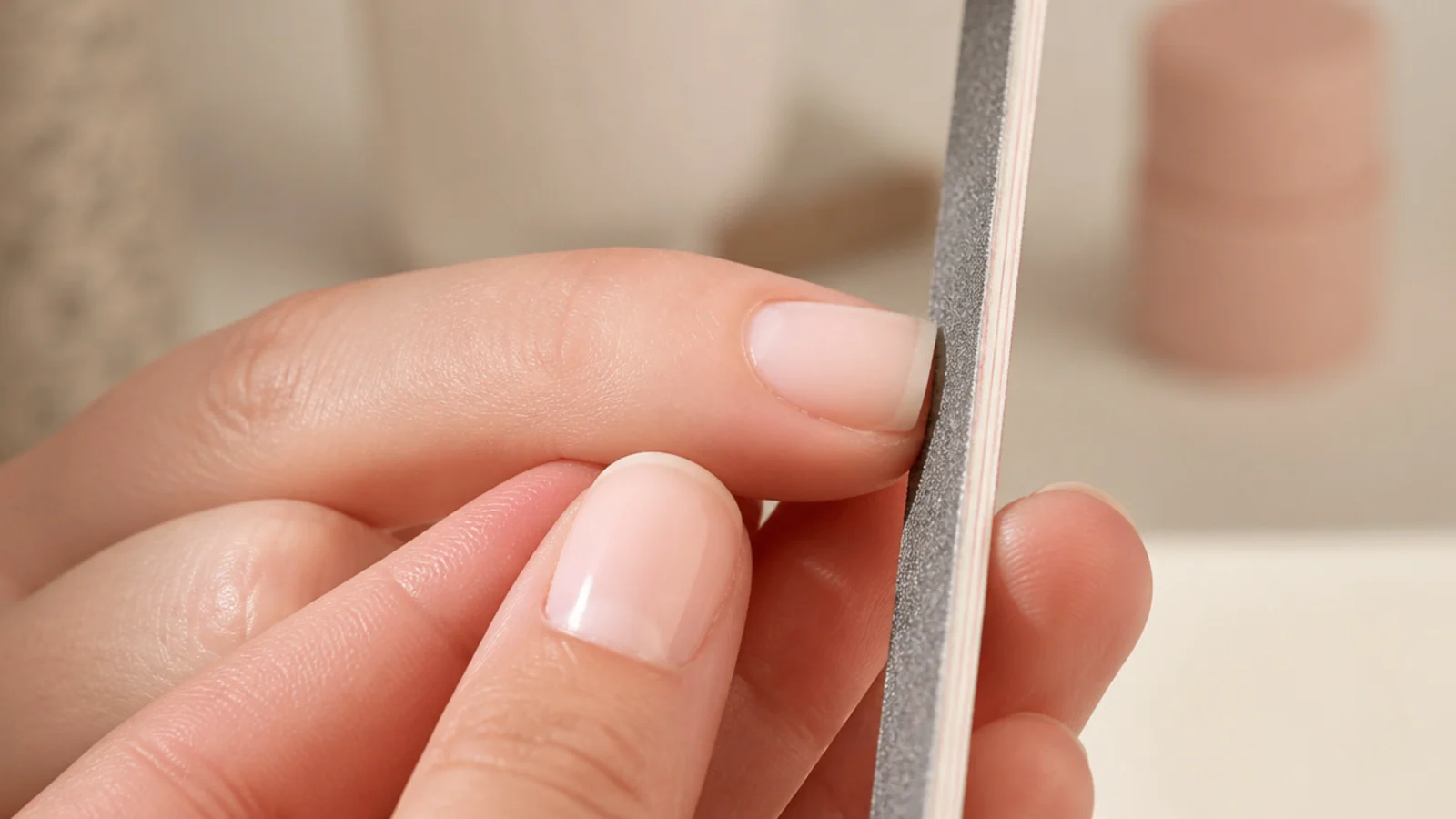 A 240 grit file running straight along the sidewall of a short nail to create a vertical line