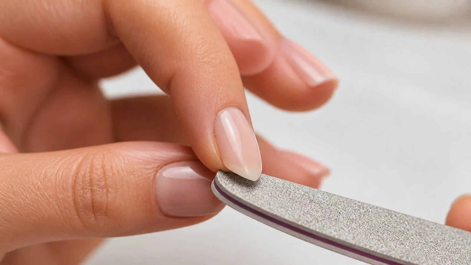 The tip of a short nail being rounded into a soft almond point with straight sidewalls intact