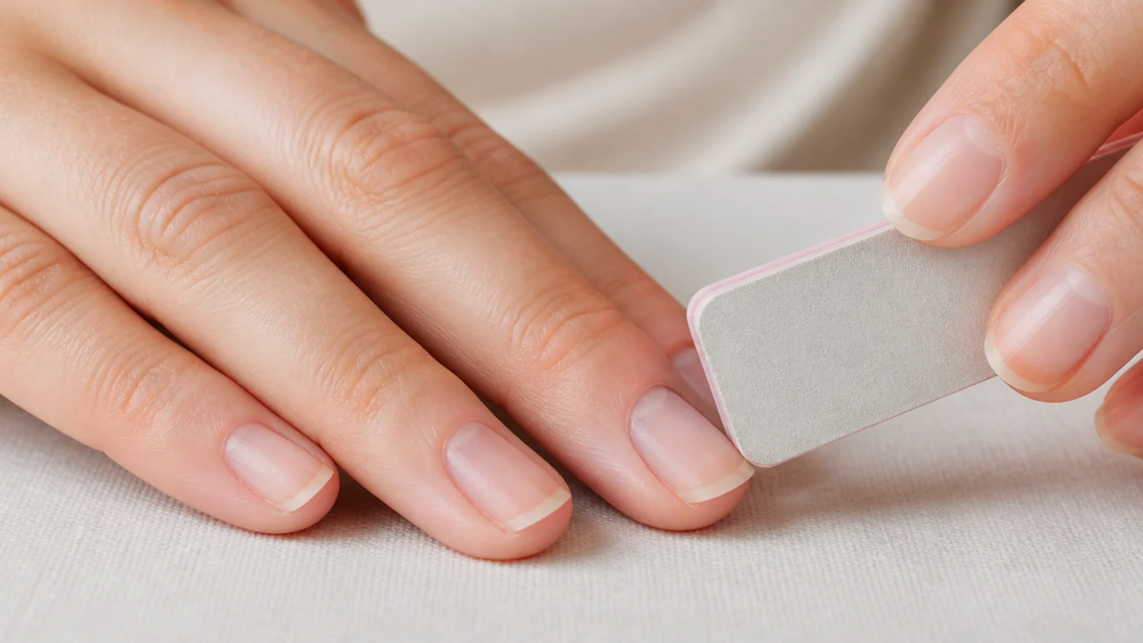 A fine buffer smoothing surface ridges on a short nail plate before base coat