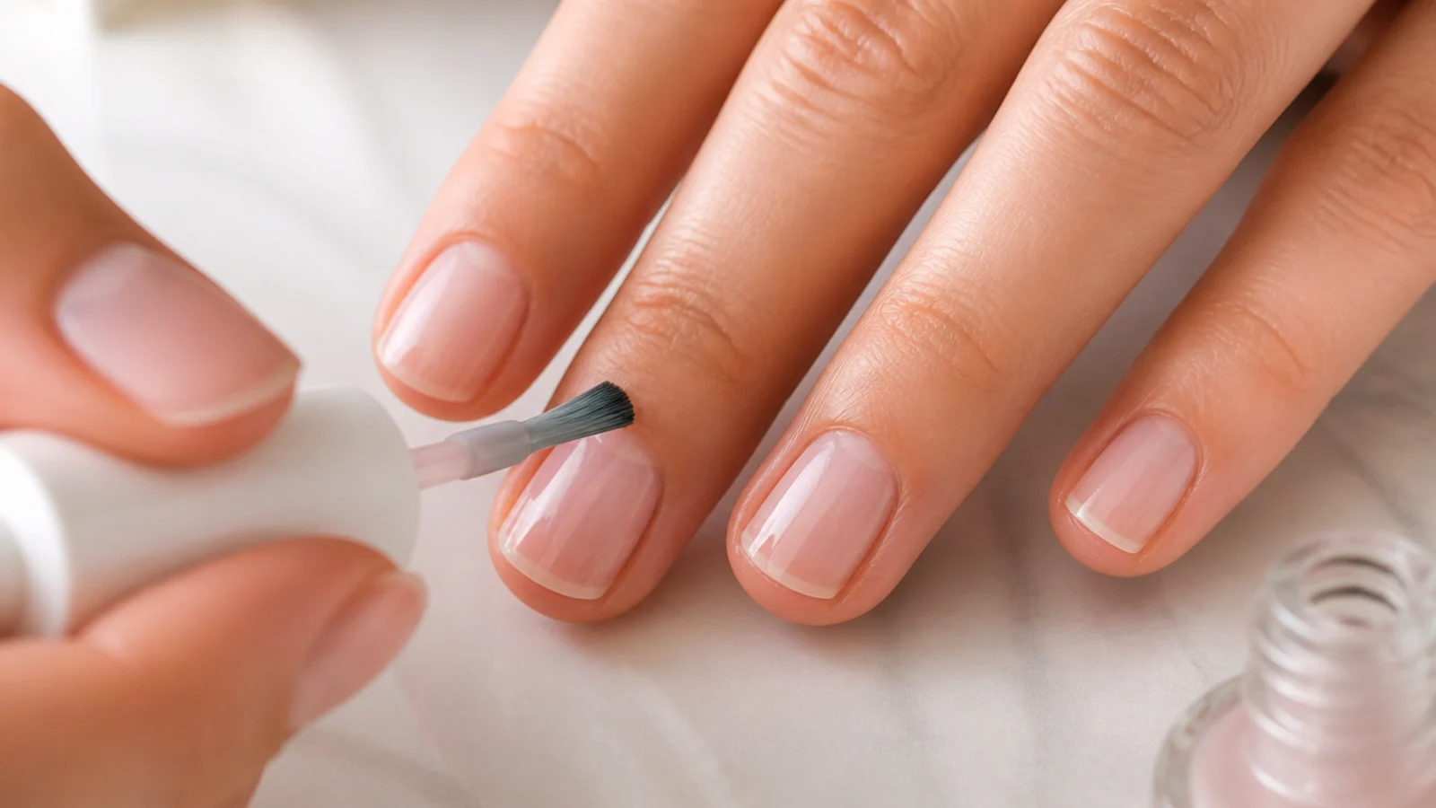 A ridge-filling base coat being brushed onto a short nail plate up to the cuticle line