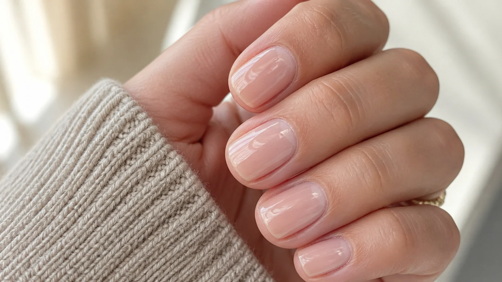 Sheer nude polish applied as a narrow column with bare margins at each sidewall of a short nail