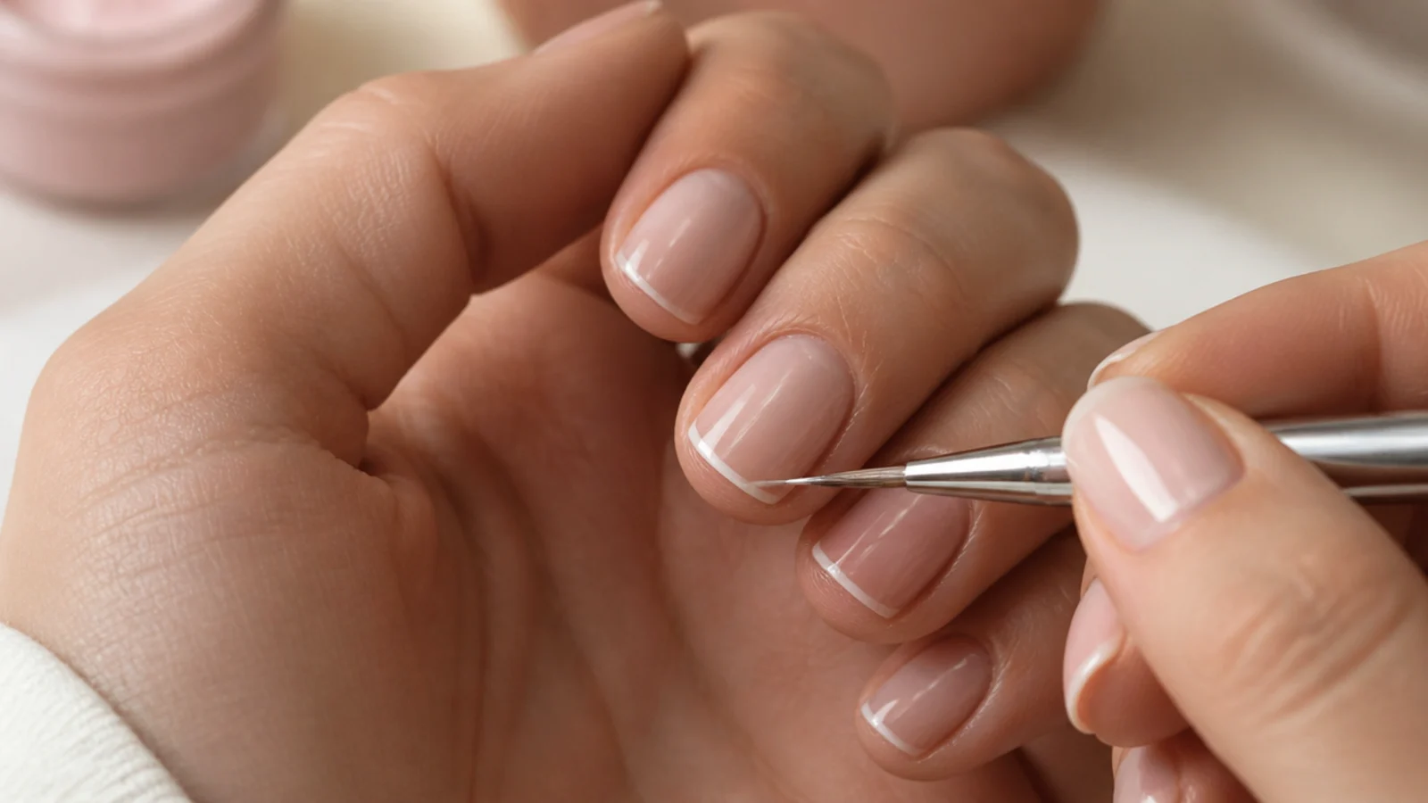 A liner brush placing a hairline micro French tip on a short nail before a glossy top coat