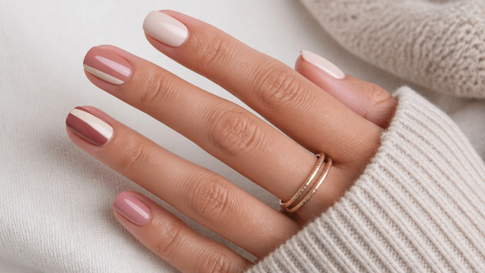 Wide and narrow short nail beds compared with different color placement for an elongating effect