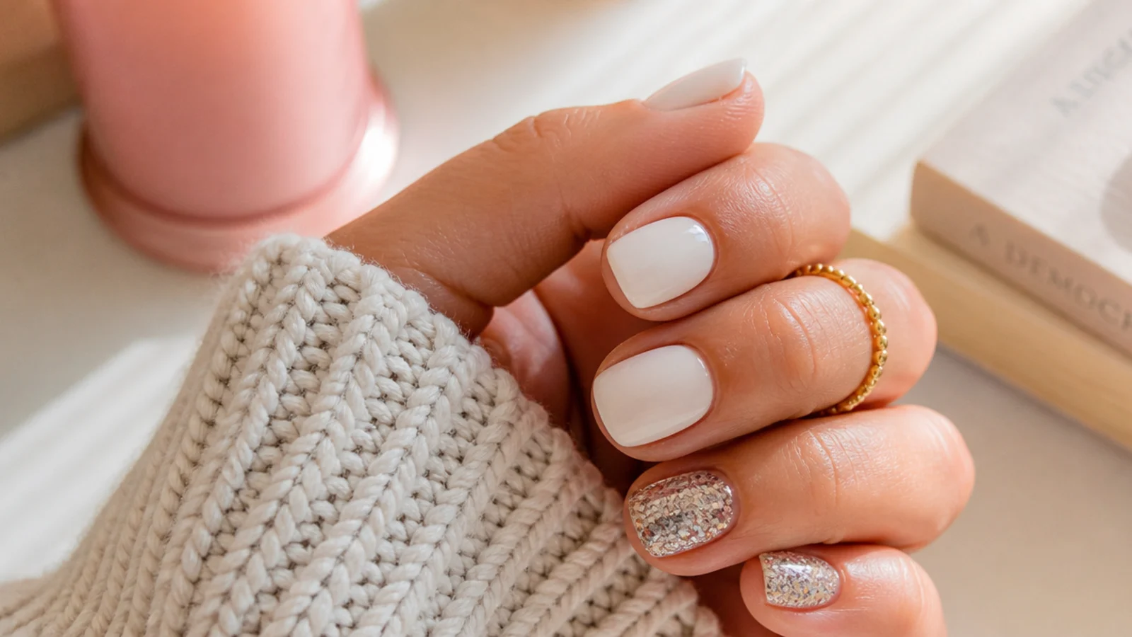 Short nails in chalky white and chunky glitter shown as examples that shorten the nail visually
