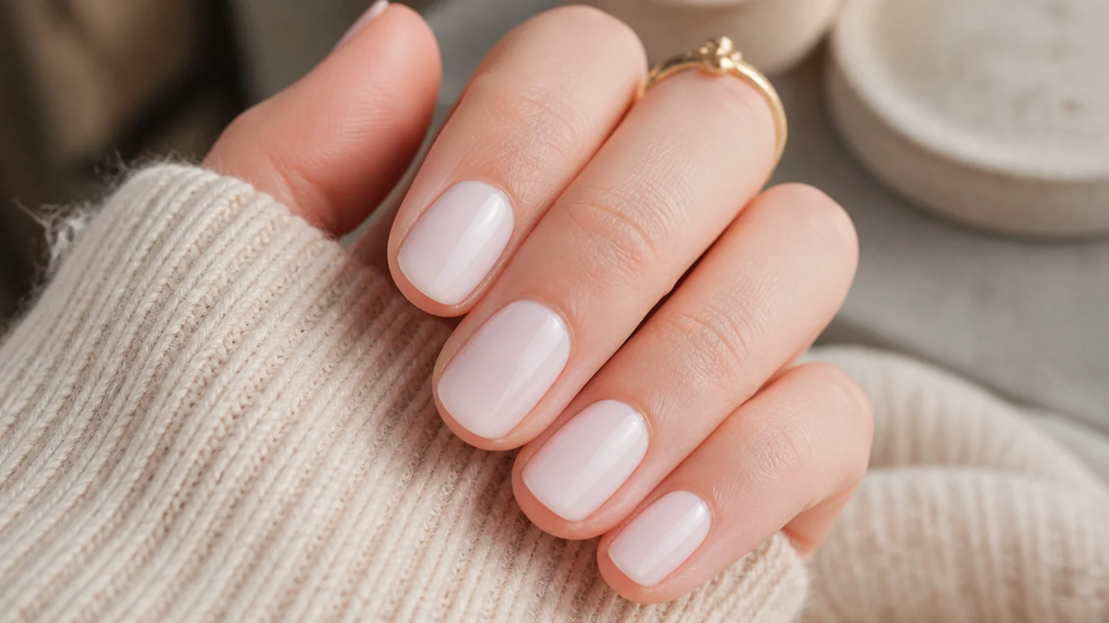 Short round nails on fair skin in a translucent milky white built in three sheer coats