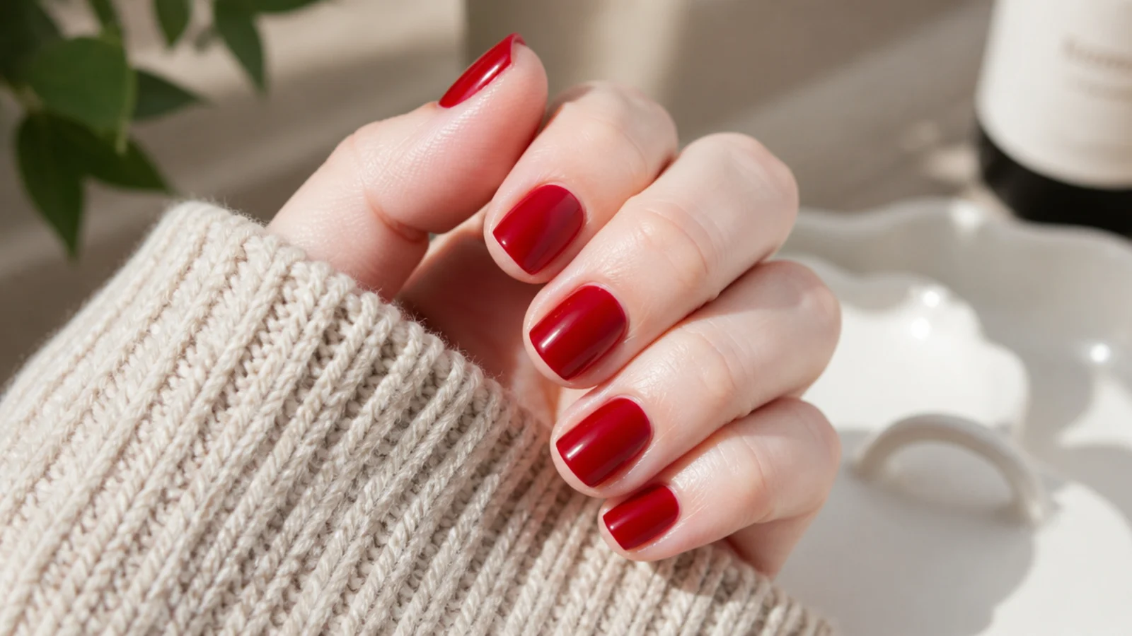 Short square nails on fair skin in a glossy blue-based cherry red cream polish