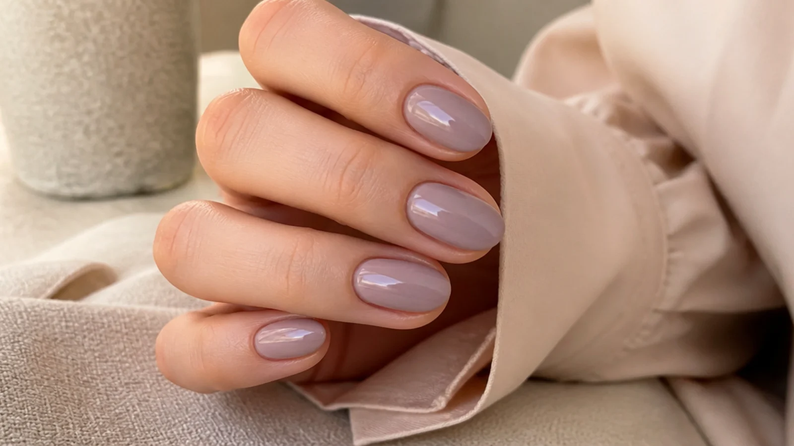 Short almond nails on fair skin in a muted dusty lavender cream with soft gloss