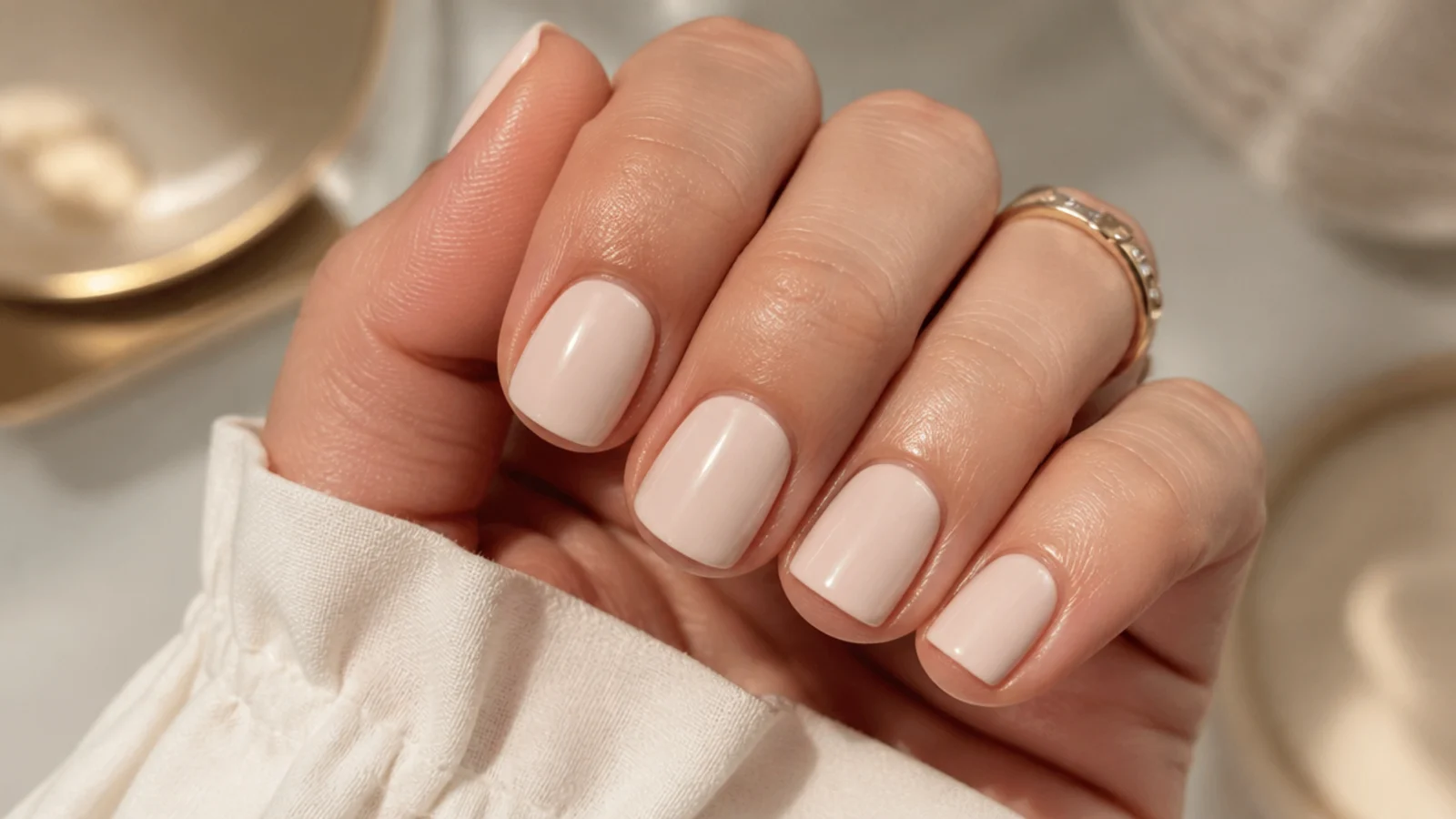 Short squoval nails on light medium skin in a warm beige nude cream finish