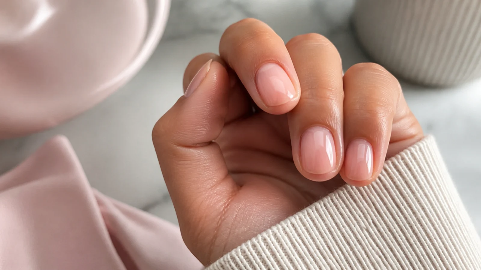 Short oval nails on medium skin in a rosy beige sheer build with a glossy top coat