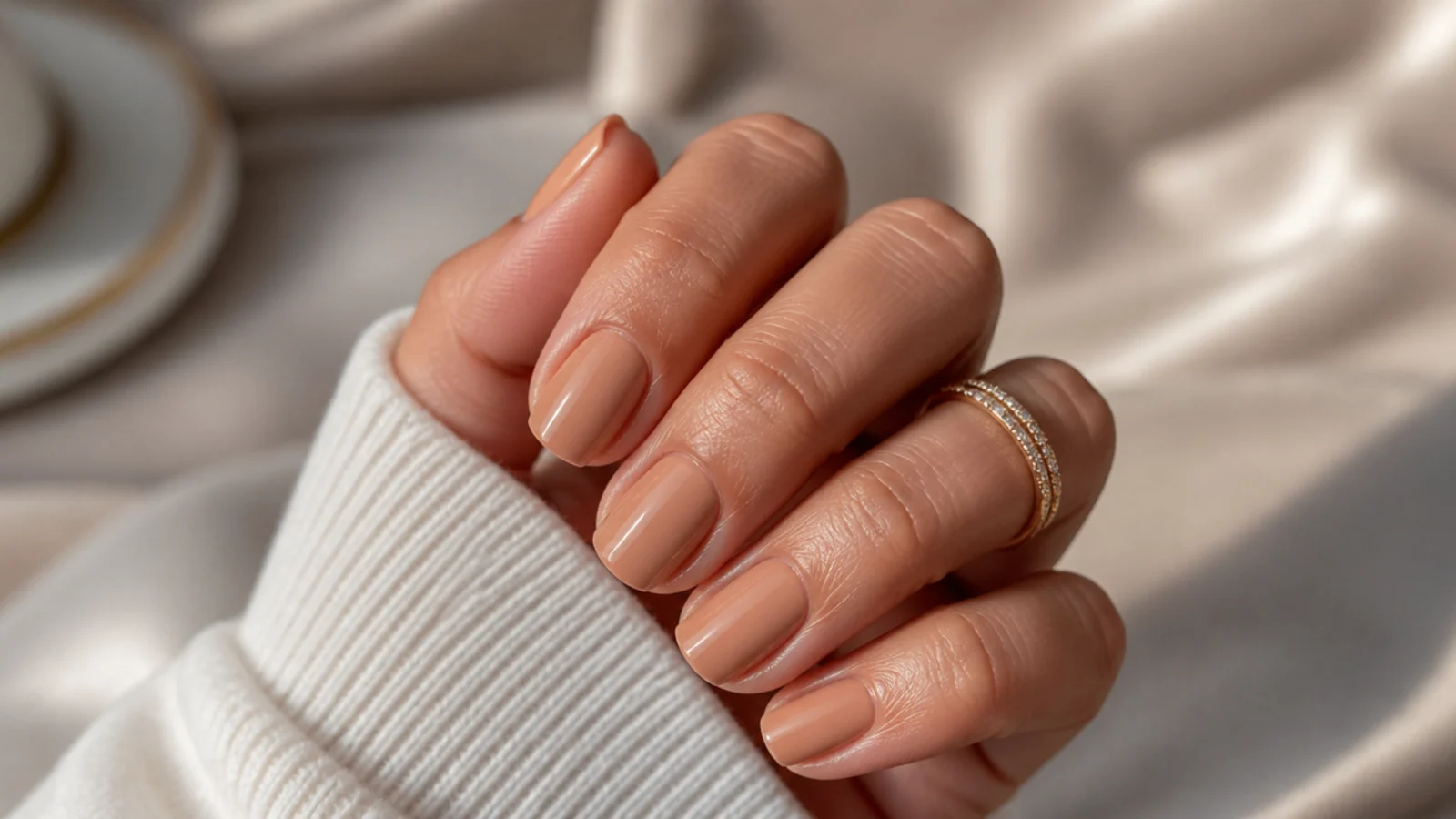 Short squoval nails on olive skin in a warm caramel nude cream finish