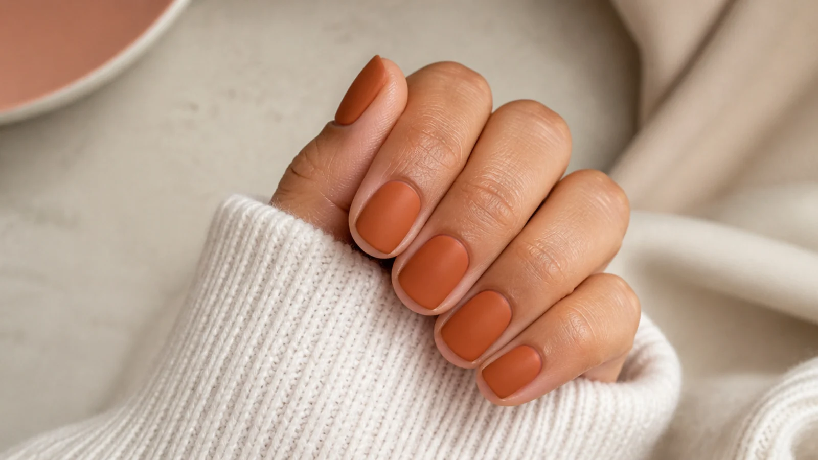 Short round nails on olive skin in a matte terracotta clay orange-brown finish