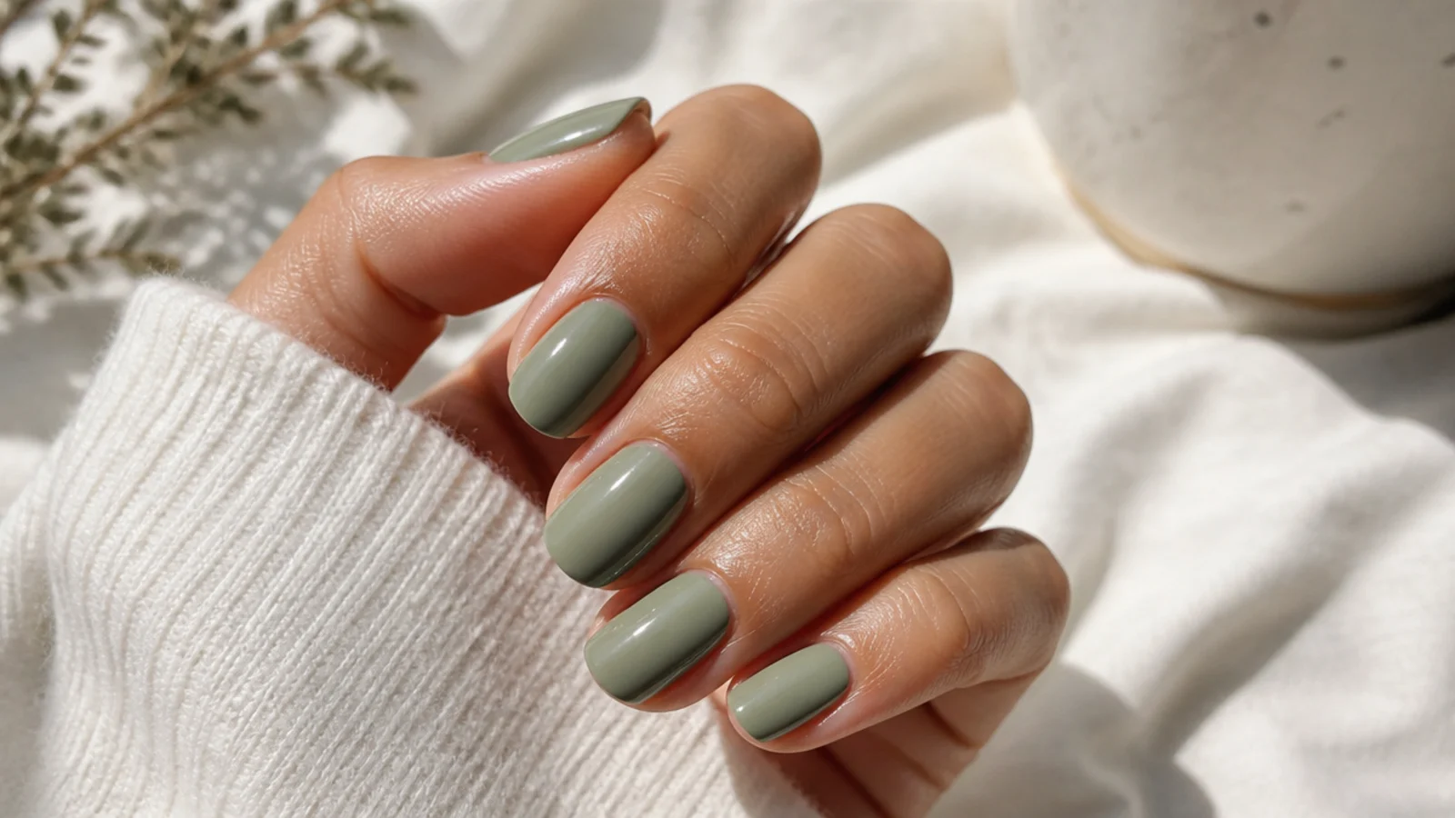Short almond nails on olive skin in a muted sage green cream with a soft sheen