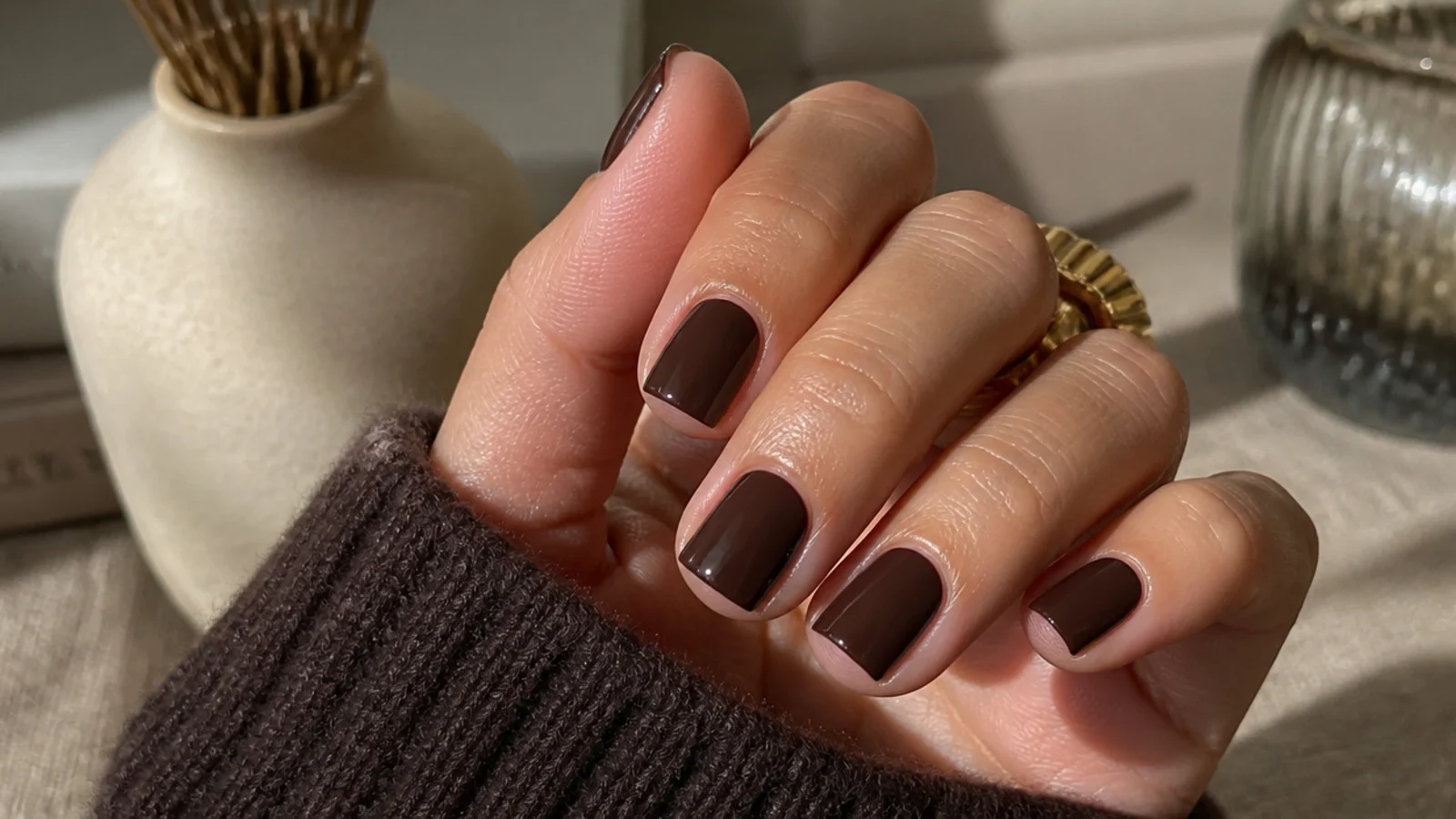 Short square nails on medium olive skin in a glossy espresso dark brown cream