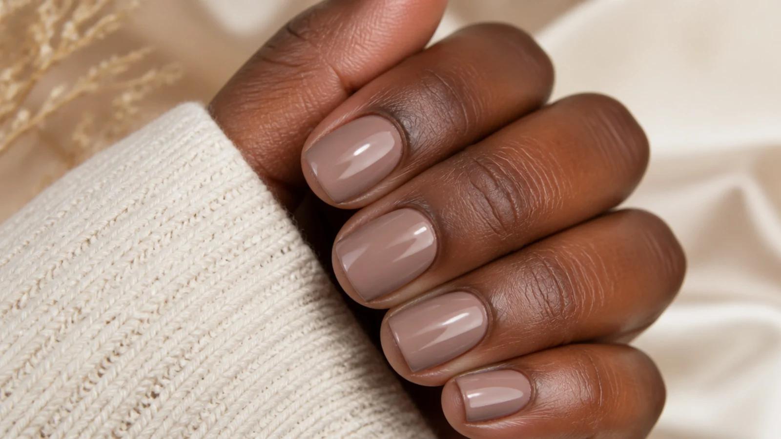 Short squoval nails on deep skin in a rich mocha brown nude cream finish