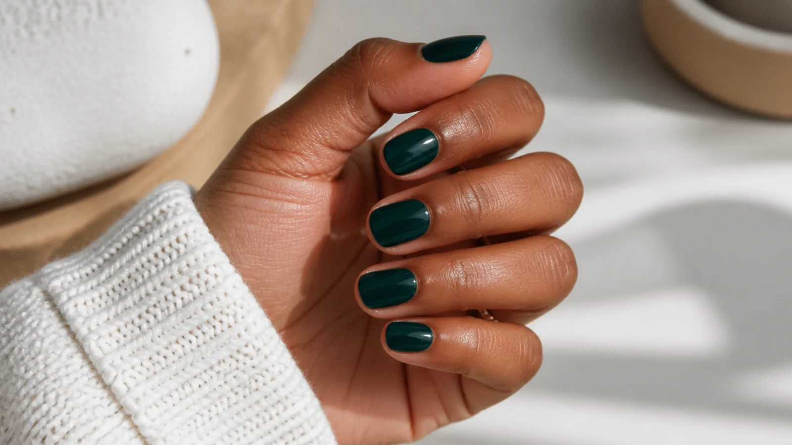Short round nails on deep skin in a jewel-toned emerald green with high gloss