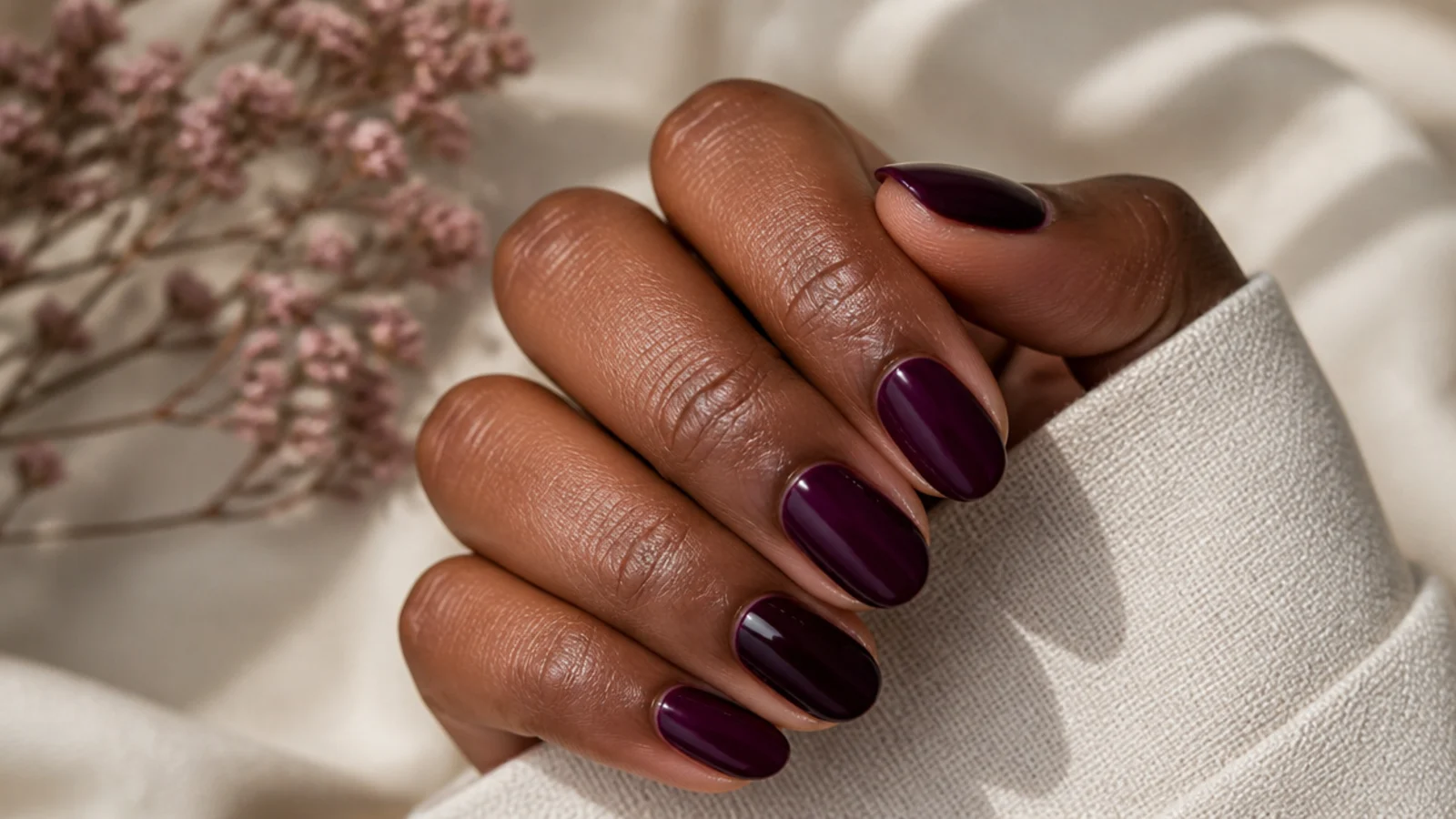 Short almond nails on deep skin in a deep berry wine plum shade with a glossy finish